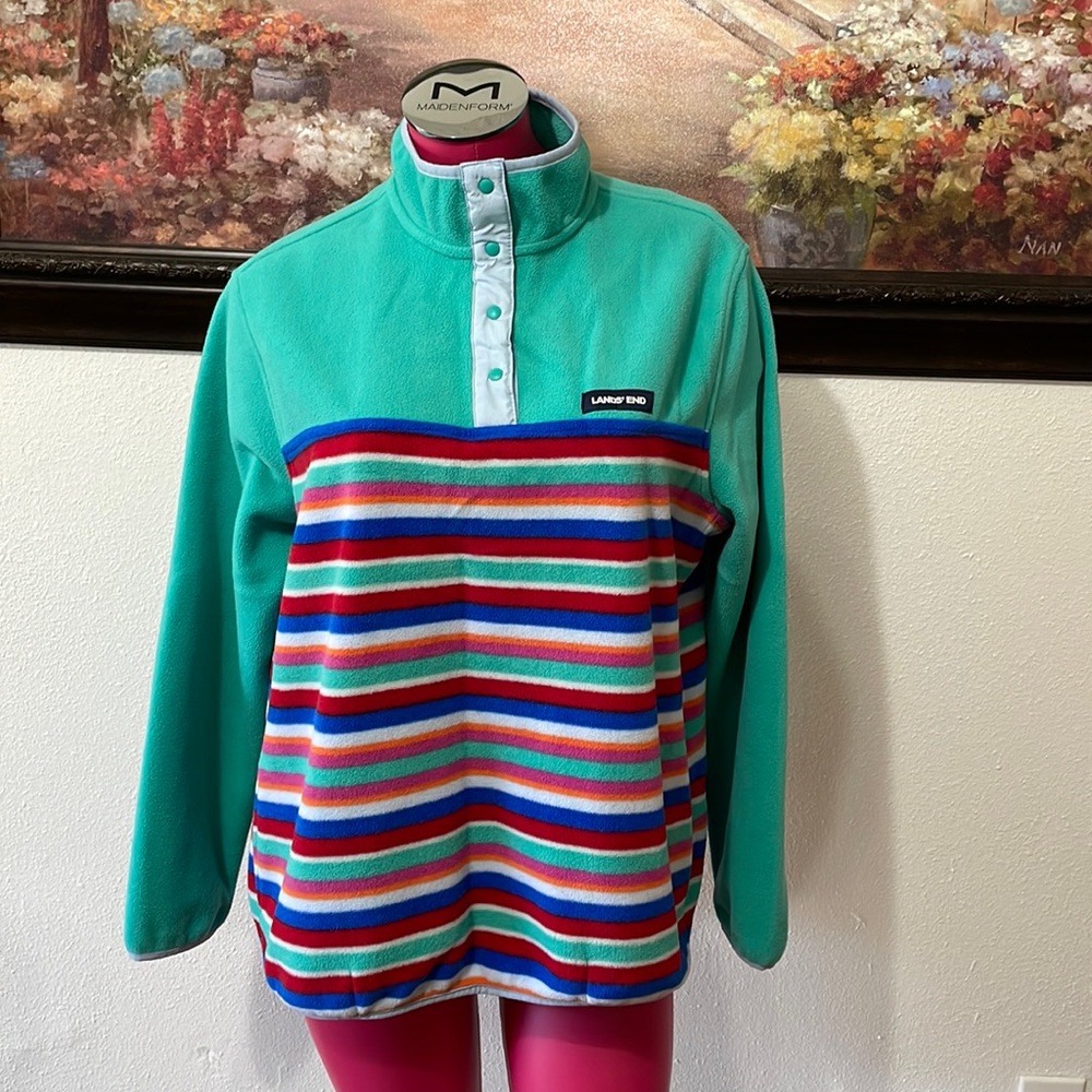 Lands' End Heritage Fleece T-Snap Stripes Pullover Jacket Size L/P 14-16 Pockets
